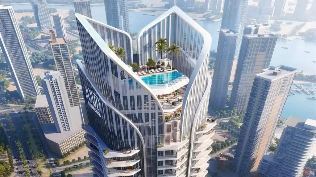 Close aerial render of Joud Residences rooftop infinity pool and terrace