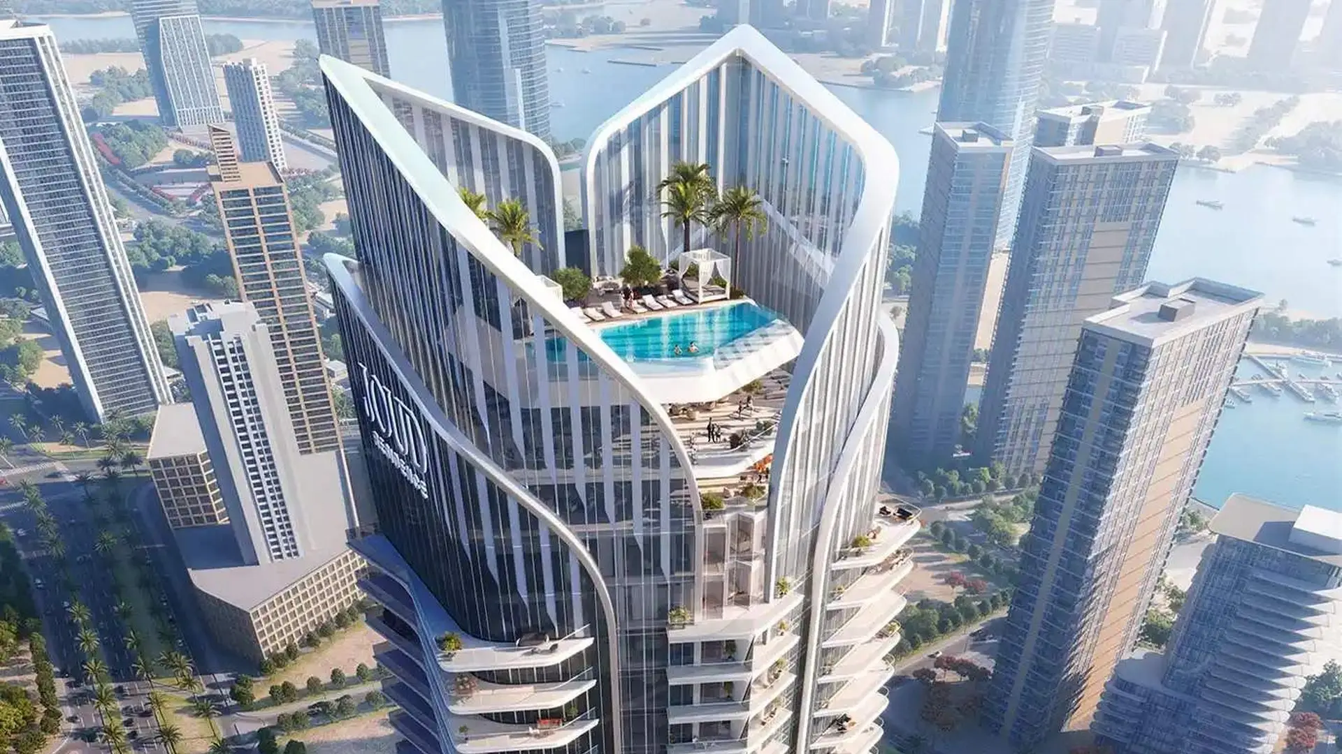 Close aerial render of Joud Residences rooftop infinity pool and terrace