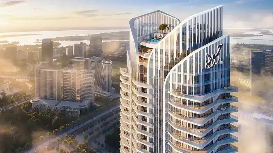Sunrise skyline render of Joud Residences high-rise tower with rooftop amenities
