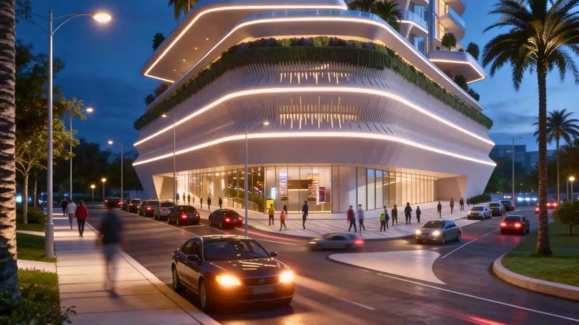 Street-level exterior view of Joud Residences illuminated retail podium at night
