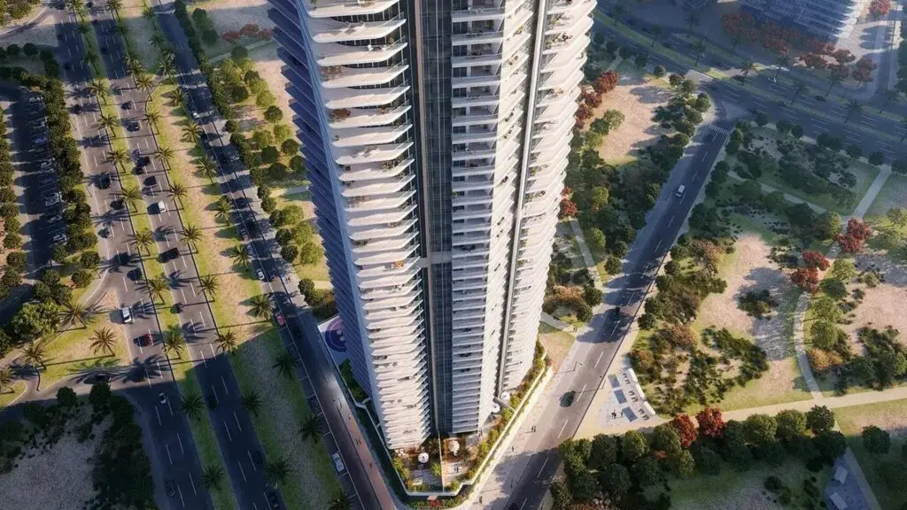 Top-down aerial perspective of Joud Residences twin residential towers